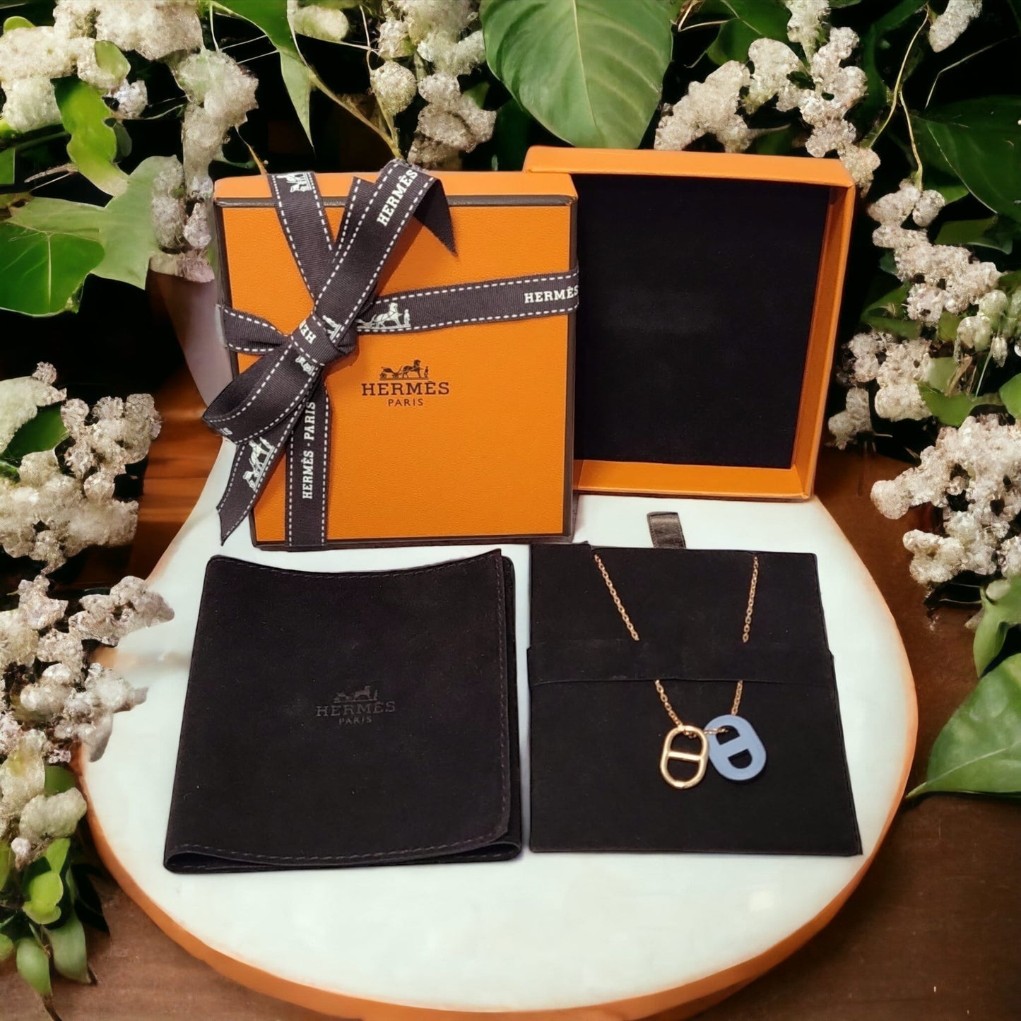 Hermes O'Maillon pendant leather and metal pig nose light blue gold necklace