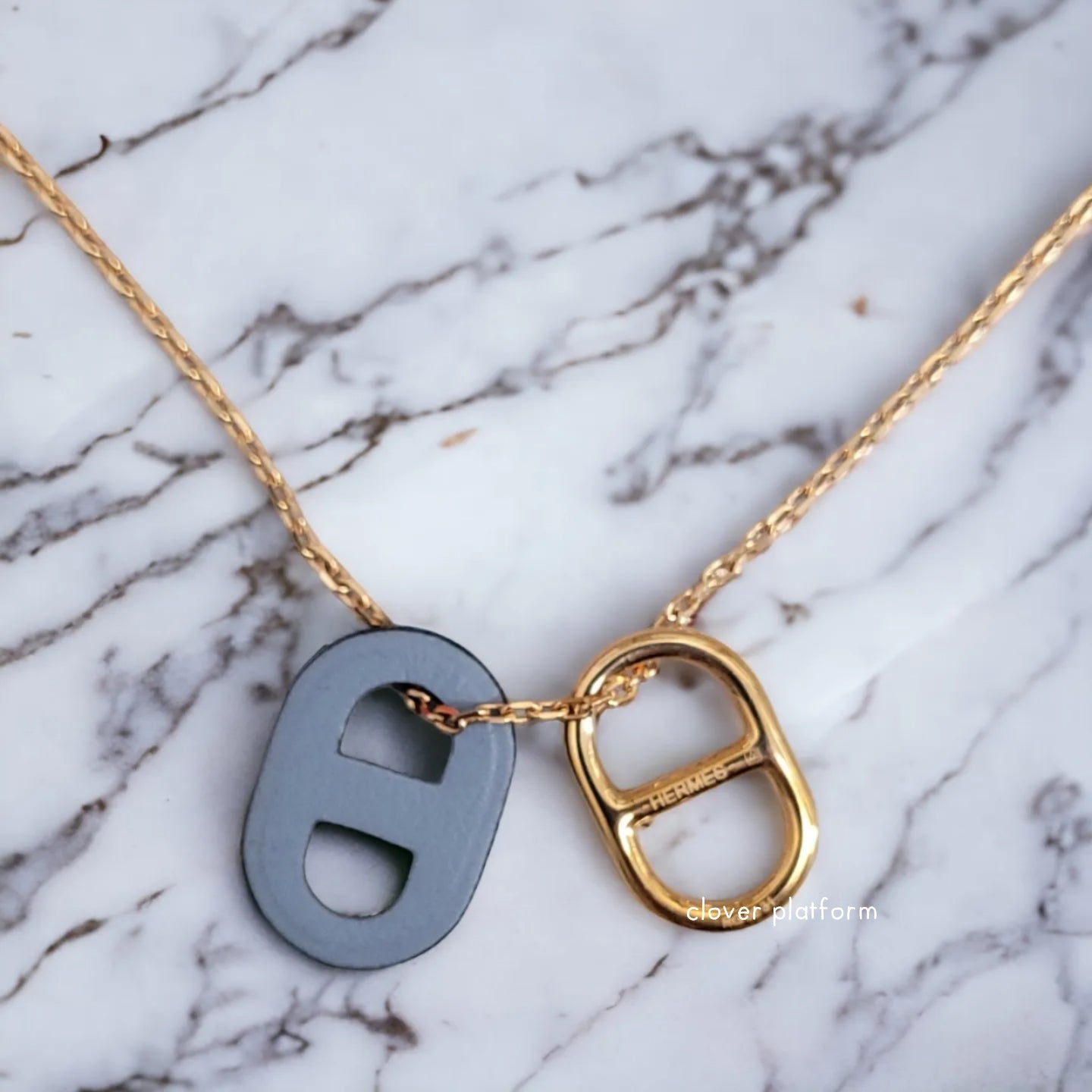 Hermes O'Maillon pendant leather and metal pig nose light blue gold necklace