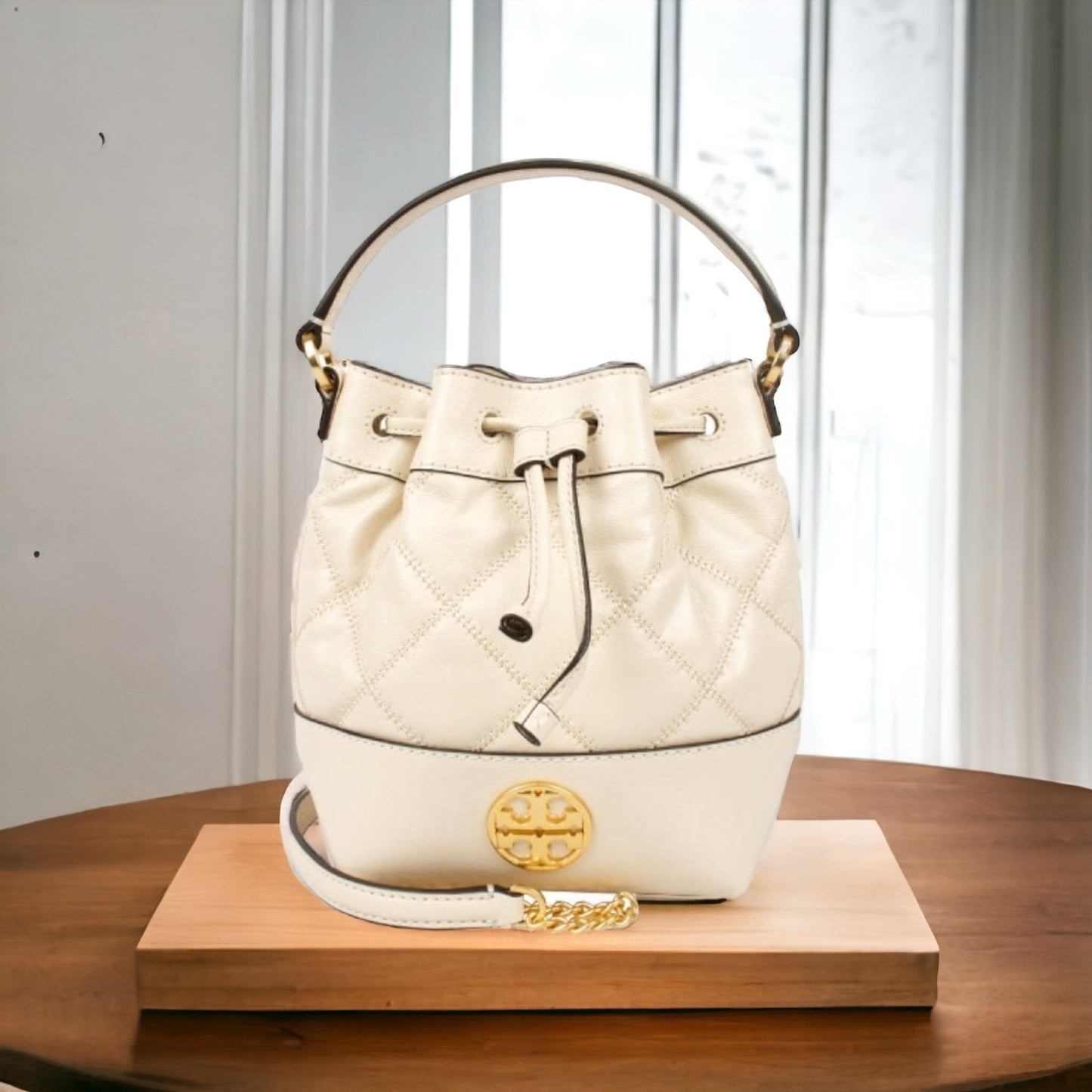 Tory Burch Diamond Pattern Sheepskin Drawstring Bucket Bag Shoulder Crossbody Bag 87869-724