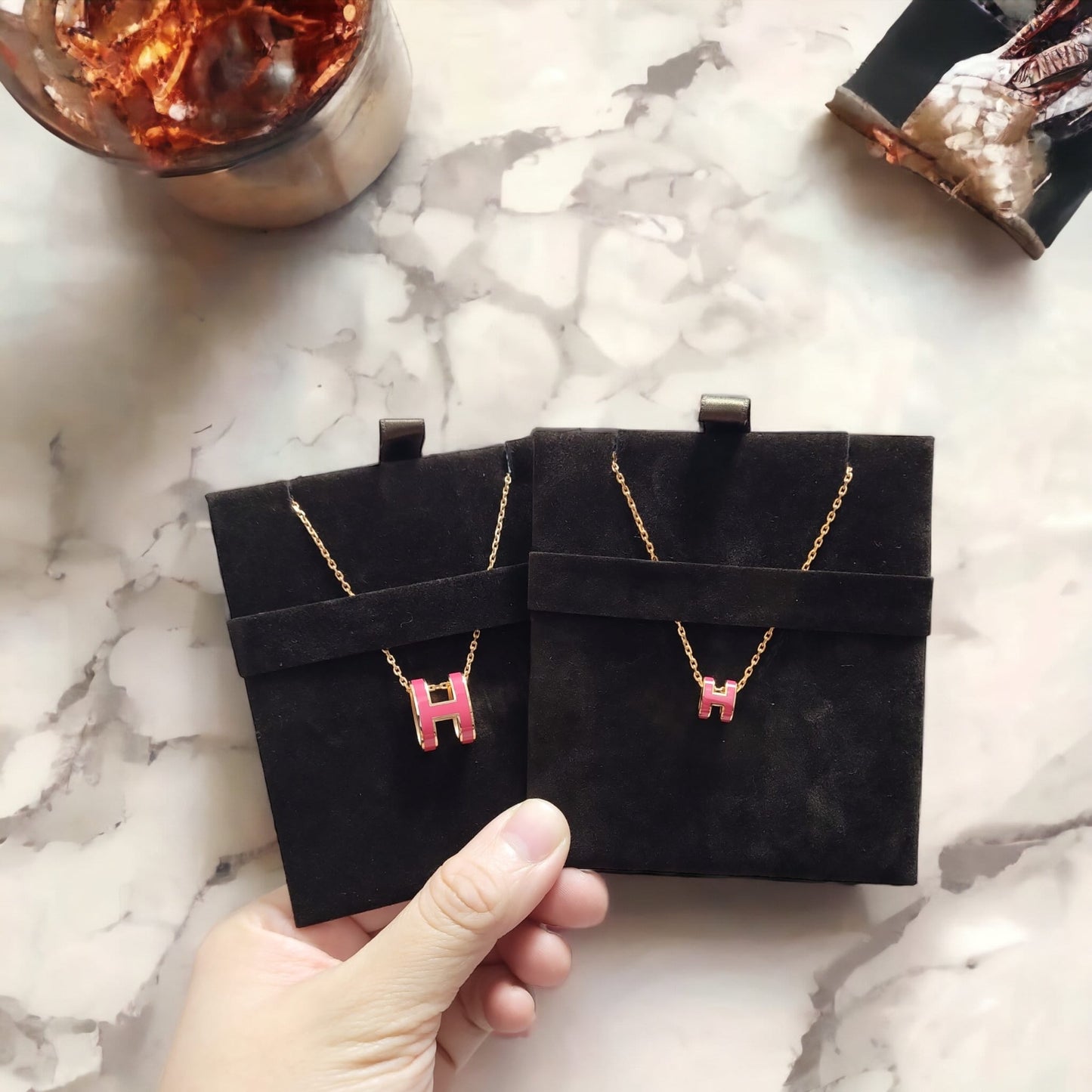 Hermes Mini Pop H Rose Red Rose Gold Chain Round Necklace